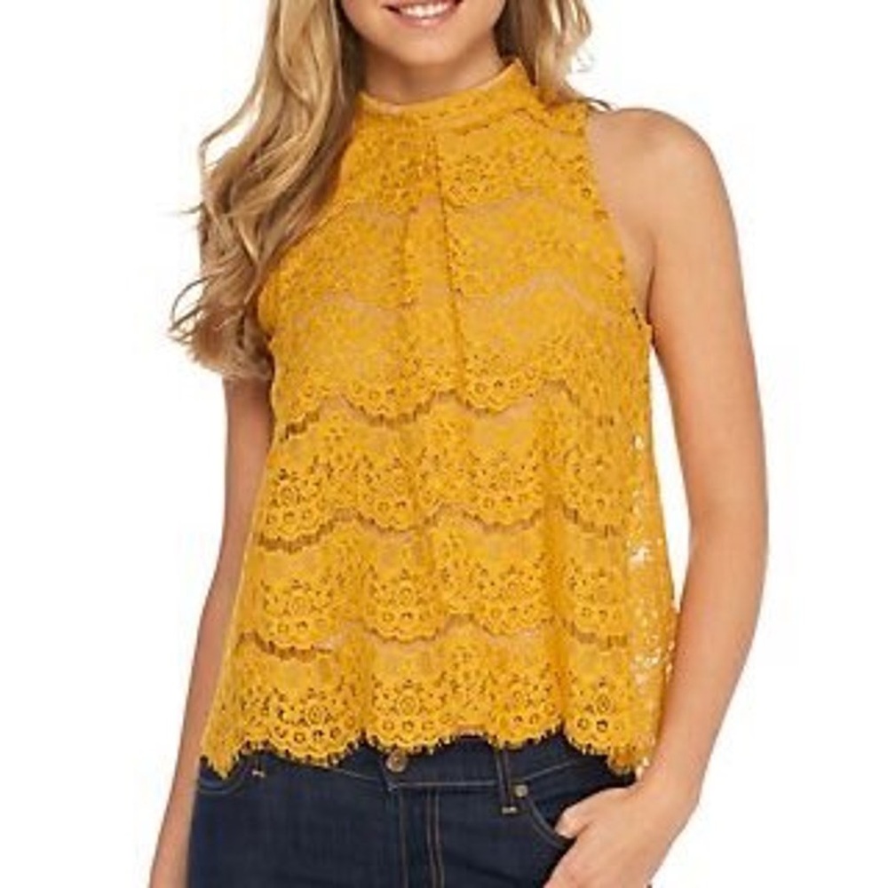 Love Fire Mustard Yellow Lace Sleeveless Blouse